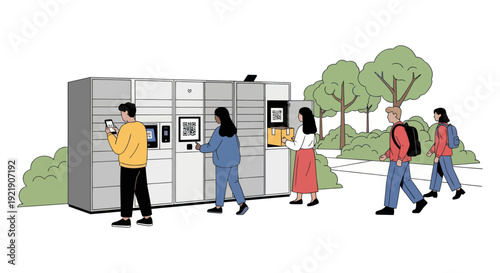 People using smart parcel lockers in an outdoor park setting, convenient package pickup