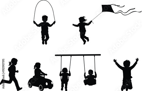Black silhouettes of happy children playing, jumping rope, flying a kite, running, and swinging on a playground against white background.