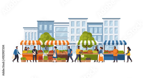 Vibrant Street Market Scene with Diverse People and Fresh Produce