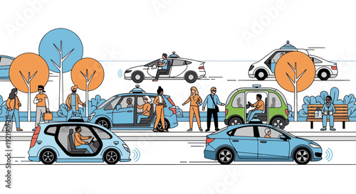 Autonomous vehicles and pedestrians in a futuristic city street scene