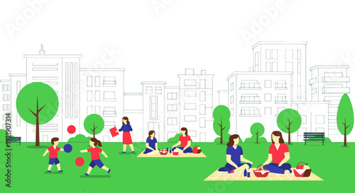 Family picnic in city park with children playing, flat design illustration