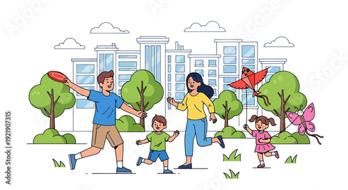 Happy Family Playing Outdoors in City Park with Kite and Frisbee