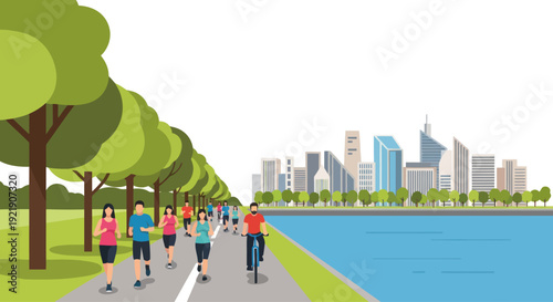 City Park Recreation: People jogging, cycling, and walking along a waterfront path with skyline.