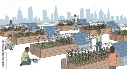 Urban Rooftop Garden with Solar Panels and City Skyline