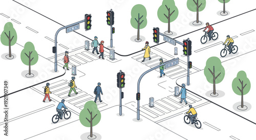 Busy City Intersection with Pedestrians and Cyclists Crossing Streets