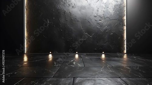 Dark textured wall and tiled floor with elegant accent lighting