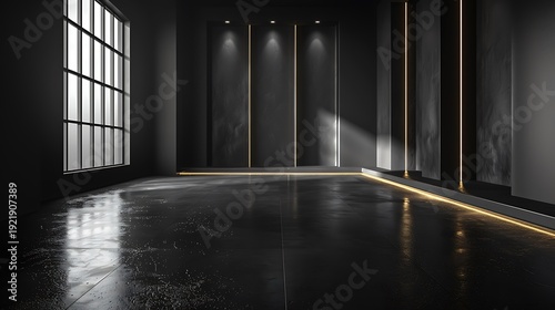 Empty dark room with a large window and warm linear lighting