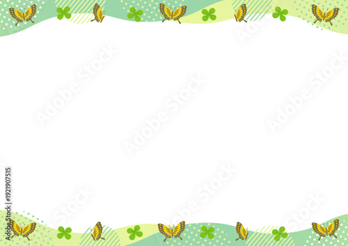 蝶とクローバーと幾何学模様と波の上下のフレーム_ 緑
