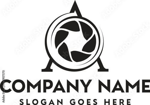 A black and white logo features a camera aperture integrated with a compass design and company branding