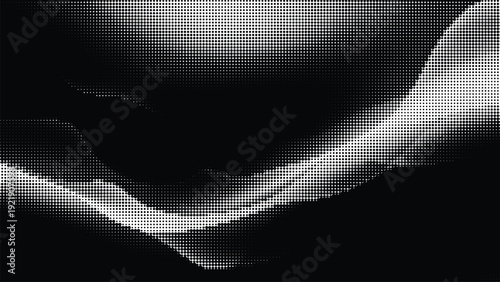 Monochromatic abstract halftone background with smooth flowing lines of white dots creating a sense of movement and light, dark backdrop