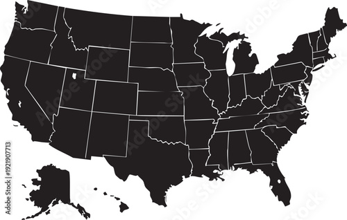 Black and white map of the United States with state borders geography 6