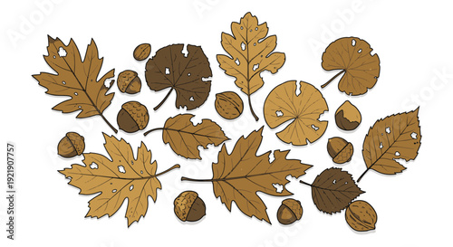 Autumn Leaves and Acorns, Fall Foliage and Nuts Seasonal Background, top-down viewpoint