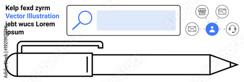 Communication tools, search functionality, content creation, digital interaction, personal profiles, online messaging. A pen with a profile icon, search bar and communication symbols. Communication