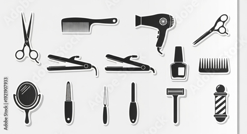 Collection of professional hair salon and barber tools.