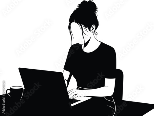 High contrast silhouette illustration of a young woman with a hair bun working on a laptop at a desk with a coffee mug for remote work and office productivity concepts AI Generative
