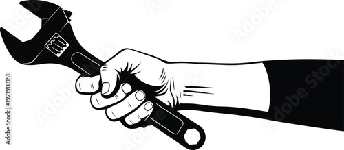 Detailed black and white silhouette illustration of a hand firmly gripping a large adjustable wrench for industrial maintenance mechanical repair and manual labor concepts AI Generative
