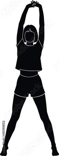 Full body silhouette of a fit woman standing with legs apart and arms raised high while stretching for fitness yoga and healthy wellness lifestyle in a minimalist style AI Generative
