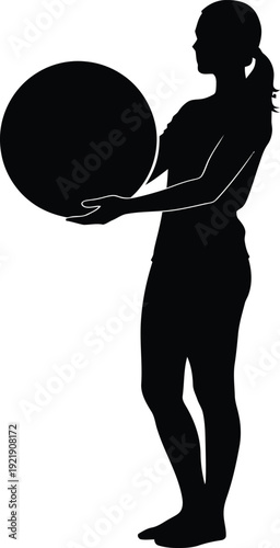 Side view profile silhouette illustration of an athletic woman standing and holding a large fitness stability ball for gym exercise and healthy lifestyle concepts in minimalist style AI Generative
