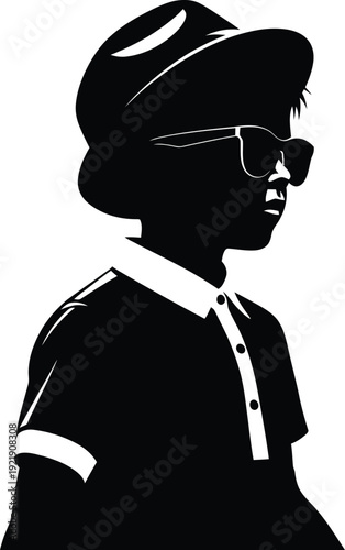 Stylish black and white silhouette illustration of a cool young boy wearing a fedora hat, sunglasses, and a polo shirt in a clean minimalist lifestyle design for kids fashion AI Generative
