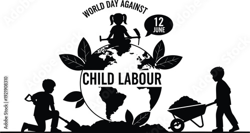 Powerful minimalist black and white silhouette illustration for World Day Against Child Labour featuring children working with tools around a globe on 12 June for awareness campaigns AI Generative

