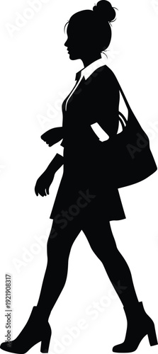 Side view profile silhouette illustration of a stylish young woman with a hair bun wearing a dress and carrying a shoulder bag while walking in a minimalist modern lifestyle style AI Generative
