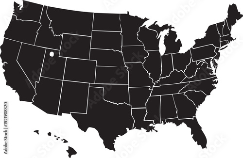 United States map with white lines and dot on a white background USA map black map state borders
