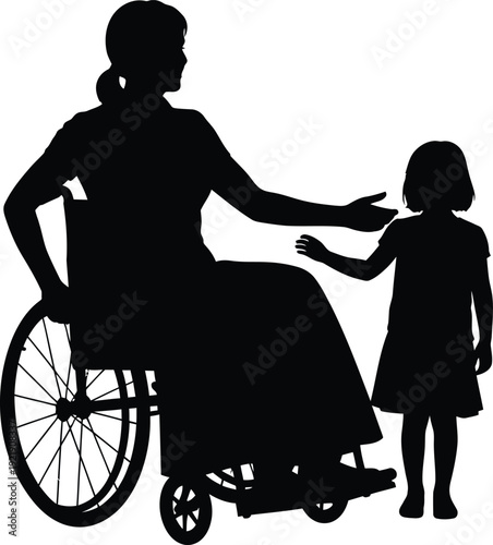 Silhouette illustration of a woman in a wheelchair reaching out to a young girl or daughter representing family support disability awareness motherhood and bonding in minimalist style AI Generative

