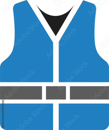 Flat vector illustration of a professional blue life vest with grey reflective safety stripes and a front buckle isolated on white for marine boating and industrial work safety concepts AI Generative
