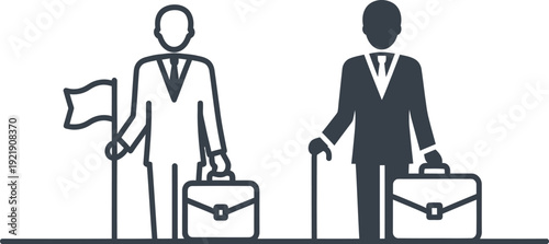 Minimalist illustration comparing a young ambitious businessman holding a flag and an elderly or disabled professional with a cane, both carrying briefcases for career concepts AI Generative
