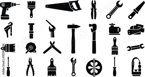 Large collection of diverse professional hardware tools silhouettes including drill saw hammer wrench pliers paintbrush and screwdriver for industrial construction and DIY repair projects AI Generativ