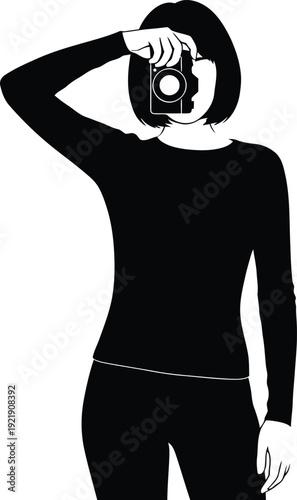 Minimalist black silhouette illustration of a professional female photographer or hobbyist with a bob hairstyle taking a photo with a digital camera isolated on a white background AI Generative
