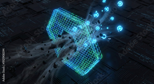 Abstract neon climate tech concept, glowing hexagonal mesh filter actively capturing carbon particles in a dark environment