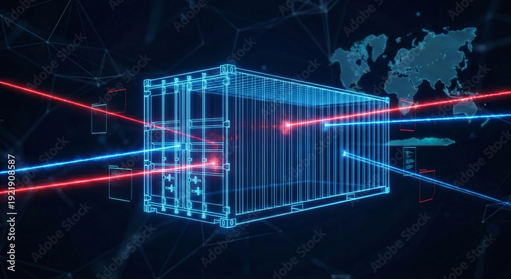 Fototapeta premium Abstract neon digital logistics concept, glowing wireframe shipping container being scanned by tracking lasers with a world map