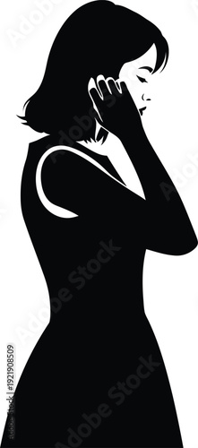 Minimalist side view profile silhouette illustration of a pensive young woman with shoulder length hair in a sleeveless dress touching her face while lost in deep thought or contemplation AI Generativ