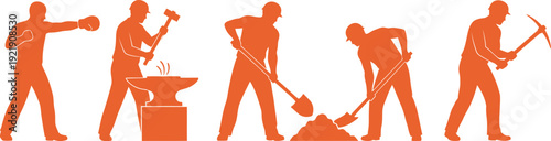 Orange silhouette set of professional manual laborers including a boxer, blacksmith at anvil, construction workers digging with shovels and a miner with a pickaxe representing hard work AI Generative
