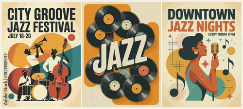 Retro-style jazz poster triptych featuring festival band silhouettes, vinyl records, and a vintage singer, perfect for music events, concerts, and mid-century design projects.