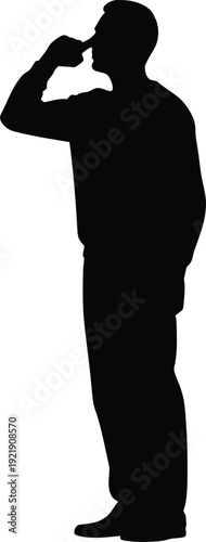 Side view profile silhouette of a man standing and touching his nose while lost in thought or making a decision in a clean minimalist style for business and psychological concepts AI Generative
