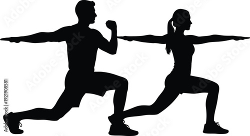 Couple performing lunges fitness exercise silhouette of man and woman training together for healthy active lifestyle and wellness goals in clean minimalist high contrast style AI Generative
