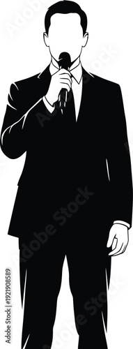 Professional male host or speaker silhouette in a black suit holding a microphone for public speaking presentation announcement and media broadcasting in minimalist style AI Generative

