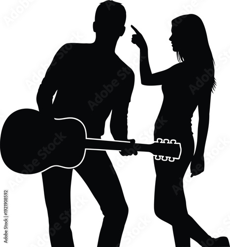 Full body black silhouette illustration of a man holding an acoustic guitar while a woman stands beside him pointing her finger towards his head representing interaction and music AI Generative
