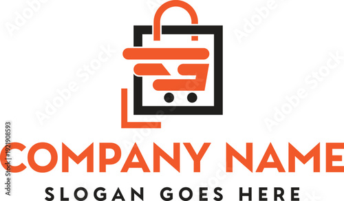 A modern logo design featuring a shopping cart integrated within a square frame with company branding