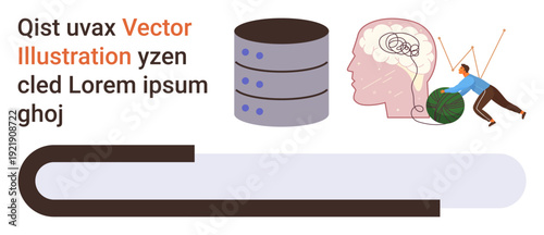 Data analysis, problem-solving, creative thinking, database management, innovation, brainstorming. are a database, brain illustration and person pushing a large weight. Data analysis