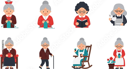 Elderly women activities illustration set knitting reading drinking relaxing