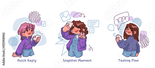 Three young women using smartphones in everyday digital life. One texting, one taking a selfie, one chatting online. Illustration highlights modern communication and social media interaction.
