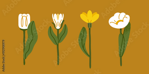 Set of four stylized flowers in flat graphic style. Warm mustard background with white and yellow blooms creates a modern folk botanical look. Clean shapes emphasize decorative simplicity.