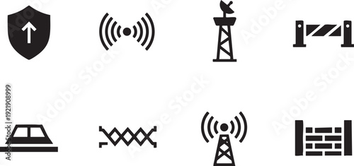 Set of six modern defense and security icons in solid black silhouette on a white background.