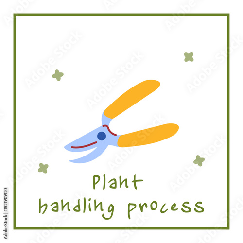 Flat illustration of garden pruners with bright handles. Minimal gardening tool concept representing plant trimming and care.