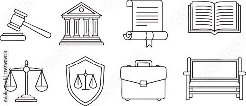Minimalist black line art icon set featuring eight legal and law symbols on a white background.