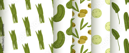 Set of seamless vegetable patterns featuring cucumber, olives, radish, green onion and leafy greens. Organic food surface design collection for packaging and textile use.