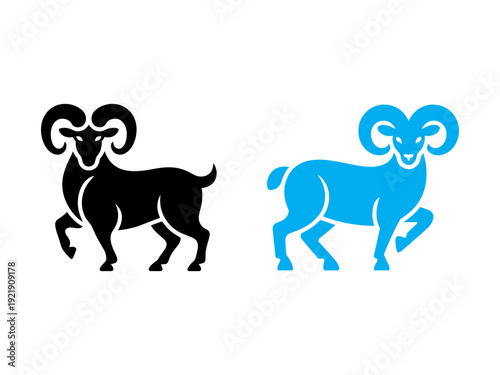 Two stylized ram silhouettes one black and one light blue facing left